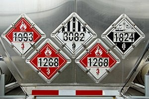 USDOT Hazardous Materials Transportation Placards on rear of a Fuel Tanker