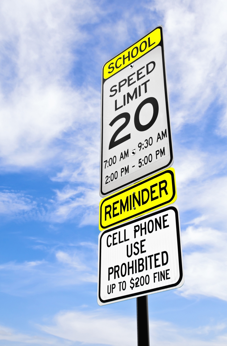 School Zone Sign with Cell phone prohibited sign.