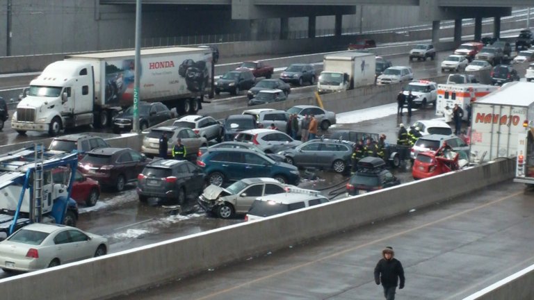 Traffic completely stop and backed up on 6 lane highway.